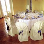 Detail of a set up of a wedding dinner in the ballroom