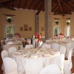 Set up of a wedding dinner in the ballroom